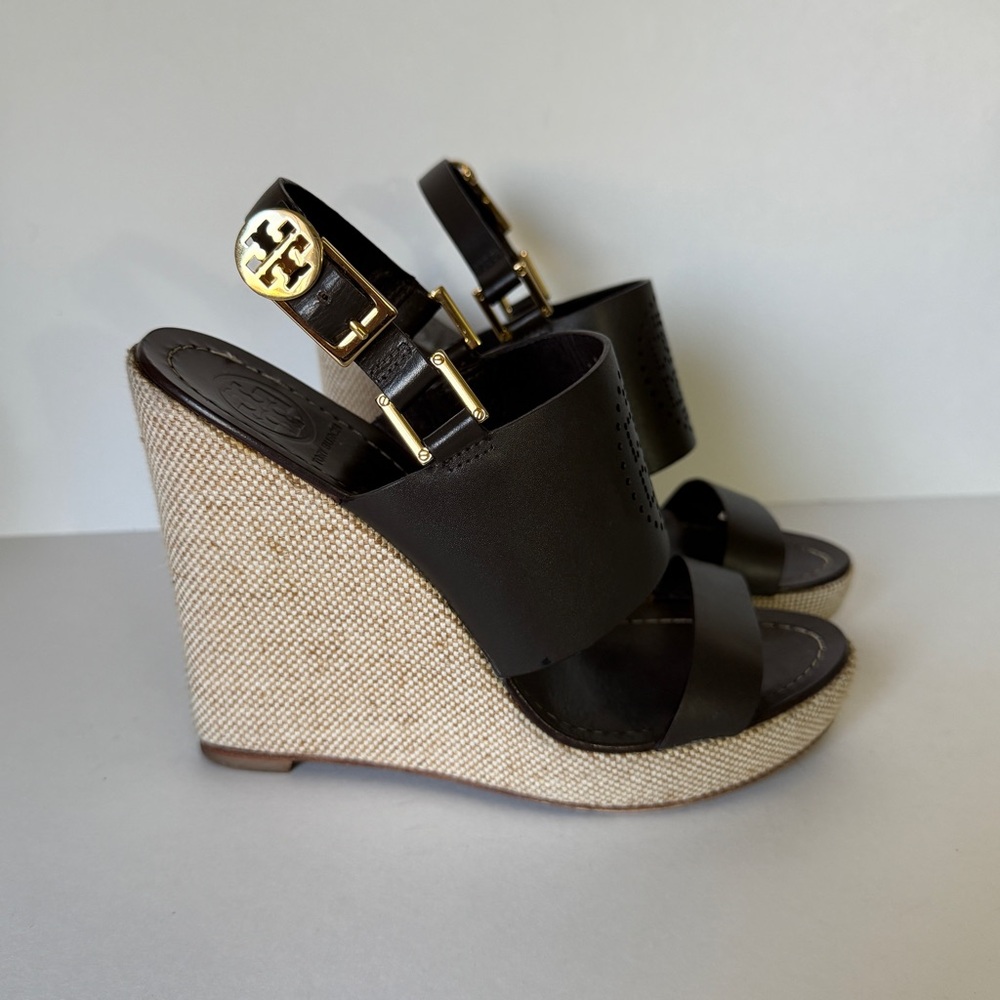 Tory Burch Kimberly Brown Leather Platform Wedge Buckle Strappy Sandals Size 7.5 - Picture 2 of 14